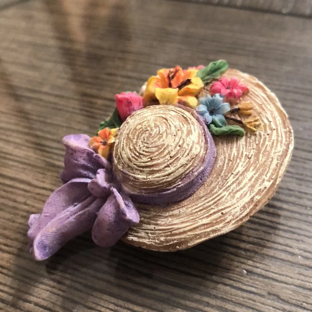 Vintage Resin Straw Hat Pin with Flowers, Purple Bow, Bonnet